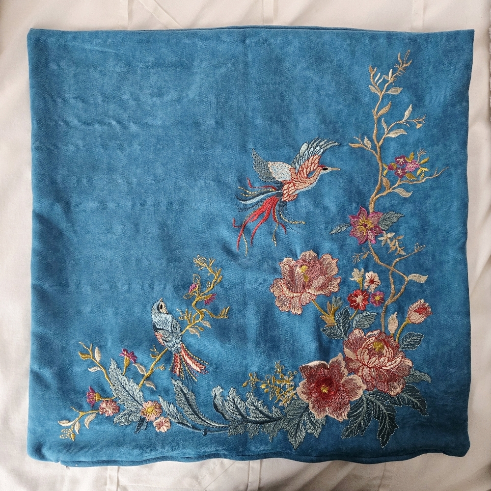 Handmade Blue Intricate Floral Bird Square Pillowcase - Picture 1 of 7